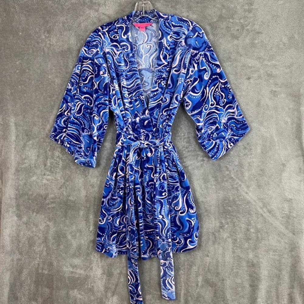 Lilly Pulitzer Elaine Velour Robe Womens XXS/XS Blue Paisley Luxe Super Soft